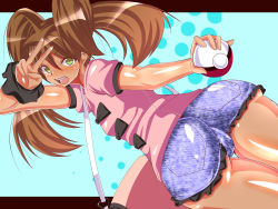 Rule 34 | 10s, 1girl, alternate color, ass, back, bad anatomy, bag, brown hair, creatures (company), denim, denim shorts, dutch angle, fang, from behind, game freak, green eyes, highres, hip focus, letterboxed, long hair, looking at viewer, looking back, nintendo, open mouth, pipa (pipasuta), poke ball, pokemon, pokemon xy, quad tails, shauna (pokemon), shiny skin, short shorts, shorts, solo, teeth, tongue, twintails, v, wide hips, wrist cuffs, wristband