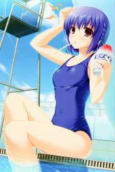 Rule 34 | 1girl, absurdres, alpha (yukai na nakamatachi), blue hair, braid, brain freeze, brown eyes, caustics, chain-link fence, cloud, covered navel, day, fence, food, frown, hair ribbon, highres, legs, lifeguard chair, mouth hold, one-piece swimsuit, oone touka, outdoors, pool, poolside, ribbon, school swimsuit, sharin no kuni, sharin no kuni himawari no shoujo, shaved ice, short hair, sitting, sky, soaking feet, spoon, swimsuit, utensil in mouth, water, wavy mouth