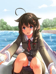 Rule 34 | 1girl, absurdres, ahoge, blue eyes, blush, boat, braid, breasts, brown hair, camera, cloud, coat, commentary request, day, hair between eyes, hair flaps, hair ornament, hair over shoulder, hairclip, highres, holding, kantai collection, long hair, looking at viewer, medium breasts, open mouth, outdoors, panties, pantyshot, red neckwear, ribbon, sarfata, shigure (kancolle), shigure kai ni (kancolle), single braid, sitting, skirt, sky, smile, socks, solo, tree, underwear, water, watercraft, white panties
