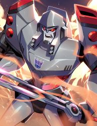 Rule 34 | absurdres, commentary, decepticon, english commentary, fangs, fire, highres, holding, holding sword, holding weapon, lina rojas, mecha, megatron, open mouth, red eyes, robot, science fiction, simple background, solo, sword, transformers, transformers animated, weapon