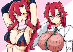 Rule 34 | 1girl, absurdres, aged up, armpits, arms up, between breasts, bikini, bikini top only, blush, breasts, closed mouth, cropped jacket, elbow sleeve, flame print, glasses, green neckwear, hair between eyes, hair ornament, hair stick, high ponytail, highres, jacket, juliet sleeves, large breasts, long hair, long sleeves, looking at viewer, open mouth, pink background, pink scarf, puffy sleeves, revision, scarf, shinkai toro, sidelocks, signature, skull hair ornament, stomach, striped clothes, striped scarf, swimsuit, teacher, tengen toppa gurren lagann, tongue, tongue out, underboob, white jacket, yellow eyes, yoko littner, yomako
