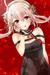 Rule 34 | 1girl, ahoge, alternate hairstyle, bare shoulders, black dress, black gloves, blood, bloody weapon, blush, breasts, cleavage, cosplay, dagger, dress, earrings, fate/kaleid liner prisma illya, fate (series), fingerless gloves, flower, gloves, gold earrings, gold hairband, hair between eyes, hair flower, hair ornament, hairband, highres, holding, holding dagger, holding knife, holding weapon, illyasviel von einzbern, jewelry, knife, long hair, looking at viewer, mochi (k620803n), red eyes, rose, sidelocks, sleeveless, sleeveless dress, small breasts, smile, solo, spy x family, tongue, tongue out, weapon, white hair, yor briar, yor briar (cosplay)