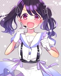 Rule 34 | 1girl, black hair, blush, commentary request, fangs, fukumaru koito, gloves, hair ribbon, highres, idolmaster, idolmaster shiny colors, kawahara chisato, looking at viewer, medium hair, microphone, puffy short sleeves, puffy sleeves, purple eyes, ribbon, sailor collar, short sleeves, skin fangs, solo, suspenders, sweat, twintails, upper body, white gloves