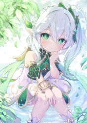Rule 34 | + +, 1girl, :o, bare shoulders, blush, boots, bracelet, braid, branch, cross-shaped pupils, dress, feet out of frame, flat chest, french braid, genshin impact, gold trim, green eyes, grey hair, hair between eyes, highres, jewelry, knees together feet apart, long hair, looking at viewer, mikaze oto, nahida (genshin impact), one side up, pointy ears, sitting, solo, symbol-shaped pupils, water
