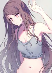 Rule 34 | 1girl, arm up, armpits, breasts, brown hair, cleavage, closed eyes, closed mouth, collarbone, commentary, crop top, grey background, grey shirt, gundou mirei, highres, long hair, navel, nijisanji, red eyes, shirt, simple background, sleeveless, small breasts, solo, swept bangs, upper body, virtual youtuber, yuura
