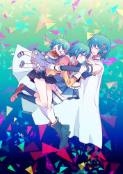 Rule 34 | &gt; &lt;, 10s, 3girls, aged down, armband, blue eyes, blue hair, bouquet, child, closed eyes, dress, flower, fortissimo, gloves, hair flower, hair ornament, hairclip, magical girl, mahou shoujo madoka magica, mahou shoujo madoka magica (anime), mahou shoujo madoka magica movie 1 &amp; 2, miki sayaka, momoko (palemon), multiple girls, multiple persona, musical note, musical note hair ornament, school uniform, short hair, smile, thighhighs, time paradox, zettai ryouiki