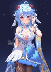 Rule 34 | 1girl, ahoge, ardenlolo, arm ribbon, artist name, blue hair, blue ribbon, blush, bow, breasts, brown pantyhose, cleavage, commentary request, cowboy shot, detached collar, dress, ganyu (genshin impact), genshin impact, goat horns, hair between eyes, hair ribbon, hand up, horns, large breasts, long hair, looking away, pantyhose, parted lips, purple eyes, ribbon, solo, standing, strapless, strapless dress, twitter username, white bow, white dress