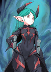 Rule 34 | 1girl, aqua hair, black bodysuit, bodysuit, breasts, closed mouth, covered navel, cowboy shot, dragon quest, dragon quest x, elf, elf (dq10), eyelashes, highres, horns, legs apart, long hair, muramasa mikado, parted bangs, pointy ears, red eyes, small breasts, smile, solo, standing, waist cape