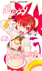 Rule 34 | bell, blush, bracelet, choker, christmas, demon girl, demon tail, demon wings, disgaea, earrings, etna (disgaea), fang, flat chest, hair ornament, hekaton, jewelry, midriff, navel, pointy ears, red eyes, red hair, selfie, solo, standing, tail, tongue, tongue out, twintails, wings