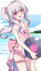 1girl absurdres armpit_crease ball beach beachball blurry blurry_background blush breasts clara_(honkai:_star_rail) eyebrows_hidden_by_hair frilled_one-piece_swimsuit frilled_thigh_strap frills hair_between_eyes hair_ornament hair_scrunchie highres honkai:_star_rail honkai_(series) looking_at_viewer medium_hair nemu7777 ocean one-piece_swimsuit open_mouth pink_eyes pink_ribbon ponytail ribbon scrunchie small_breasts smile solo strap_slip svarog_(honkai:_star_rail) swimsuit waist_ribbon wet white_hair white_one-piece_swimsuit