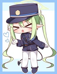 Rule 34 | &gt; &lt;, 1girl, :o, armband, belt, belt buckle, black belt, black footwear, black hat, black jacket, black shorts, blue archive, blue background, blue border, blush, border, buckle, chibi, closed eyes, demon tail, facing viewer, full body, gloves, green hair, halo, hana kazari, hat, heart, nozomi (blue archive), highres, jacket, long hair, long sleeves, open mouth, outline, pantyhose, pantyhose under shorts, peaked cap, pointy ears, shoes, short shorts, shorts, sleeves past wrists, solo, standing, tail, twintails, two-tone background, very long hair, white background, white gloves, white outline, white pantyhose