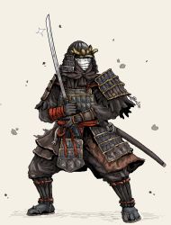 Rule 34 | armor, black eyes, black gloves, black legwear, breastplate, dou, elden ring, faulds, fighting stance, full body, glint, gloves, helmet, highres, holding, holding sword, holding weapon, japanese armor, kabuto (helmet), katana, kusazuri, looking at viewer, octosoup, pelvic curtain, samurai, samurai (elden ring), sandals, shoulder armor, sode, sword, tabi, tarnished (elden ring), two-handed, weapon