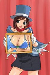 Rule 34 | 1girl, ace attorney, apollo justice: ace attorney, bikini, bikini top only, blue bikini, blue hat, brown hair, capcom, cape, hat, magic trick, magician, michael f91, see-through, skirt, solo, swimsuit, trucy wright