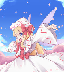 Rule 34 | 1girl, blonde hair, blue eyes, blue sky, blush, bow, capelet, cherry blossoms, cloud, day, dress, fairy wings, hair bow, hat, lily white, long hair, long sleeves, looking at viewer, open mouth, outstretched arms, petals, red bow, sidelocks, sky, solo, teeth, touhou, white dress, white hat, wide sleeves, wings, yuuki (yuyuki000)