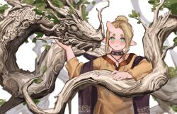 Rule 34 | artist name, blonde hair, blush, chinese zodiac, choker, dragon, green eyes, hair bun, happy new year, horns, jewelry, leaf, nashidrop, necklace, new year, original, outdoors, pear (nashidrop), pointy ears, single horn, skin-covered horns, standing, thick eyebrows, tooth necklace, tree, white background, year of the dragon