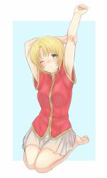 Rule 34 | 1girl, amelia (fire emblem), arm behind head, arm up, barefoot, blonde hair, closed mouth, fire emblem, fire emblem: the sacred stones, green eyes, nintendo, one eye closed, red shirt, shimizu akina, shirt, short hair, short sleeves, simple background, sitting, skirt, solo, stretching, white skirt
