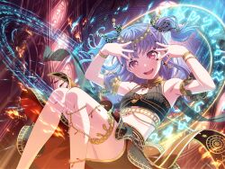 Rule 34 | 1girl, alternate hairstyle, arabian clothes, armpits, bang dream!, black nails, black skirt, blush, bracelet, breasts, crop top, fang, feet out of frame, fire, floating hair, hair ornament, jewelry, long hair, looking at viewer, magic, magic circle, midriff, nail polish, official art, open mouth, purple hair, red eyes, skirt, small breasts, smile, solo, teeth, thigh strap, thighlet, third-party source, two side up, udagawa ako, upper teeth only