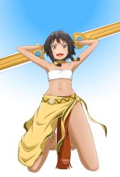 Rule 34 | 10s, 1girl, :d, ahoge, amazon warrior, anklet, armpits, arms behind head, arms up, bandeau, bare arms, bare legs, bare shoulders, barefoot, black hair, blue background, bracelet, bracer, brown eyes, dark-skinned female, dark skin, dungeon ni deai wo motomeru no wa machigatteiru darou ka, feet, female focus, full body, gradient background, hair tubes, highres, holding, holding weapon, jewelry, kneeling, legs, looking at viewer, midriff, navel, neck ring, necklace, open mouth, pelvic curtain, round teeth, sarong, short hair, smile, solo, strapless, sword oratoria, teeth, tiona hiryute, tube top, weapon, white background, white tube top, yellow sarong, yun-yun