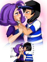 Rule 34 | 1boy, 1girl, acerola (pokemon), baseball cap, black hair, blush, creatures (company), dress, elio (pokemon), elite four, eye contact, flipped hair, game freak, half-closed eyes, hand on another&#039;s arm, hands on another&#039;s face, hat, highres, looking at another, nintendo, open mouth, pokemon, pokemon sm, purple eyes, purple hair, shirt, striped clothes, striped shirt, tensama (ten2009), translation request, trial captain