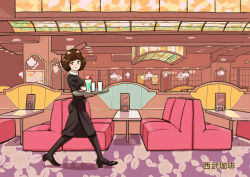 Rule 34 | 1girl, artist request, black pantyhose, brown hair, chandelier, cherry, coffee cup, couch, cup, day, disposable cup, floral print, food, fruit, full body, glass, highres, looking at viewer, menu board, napkin holder, pantyhose, pink sofa, purple floor, restaurant, scenery, shoes, short hair, skirt, table, tray, waitress, walking, window