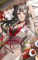 Rule 34 | 1girl, 1other, absurdres, black hair, bow, breasts, brown eyes, cleavage, closed mouth, collarbone, commentary request, cowboy shot, cross-laced clothes, floral print, flower, hair bow, hands up, highres, japanese clothes, kachou fuugetsu (onmyoji), kuga huna, long hair, looking at viewer, medium breasts, obi, onmyoji, out of frame, paint, paintbrush, painting (object), plate, red flower, red ribbon, ribbon, sash, thighhighs, tree, white flower, white thighhighs