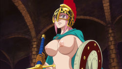 Rule 34 | 1girl, breasts, dressrosa, dungeon, female focus, gladiator, helmet, large breasts, long hair, nipples, no bra, one piece, pink hair, rebecca (one piece), screencap, third-party edit