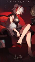 Rule 34 | 1girl, absurdres, ahoge, antenna hair, arknights, armchair, black dress, blurry, blurry foreground, breasts, chair, chromatic aberration, cleavage, cleavage cutout, closed mouth, clothing cutout, crossed legs, dangle earrings, dress, earrings, english text, eyelashes, hair between eyes, hair bun, high heels, highres, horns, jewelry, legs, light, looking at viewer, medium hair, necklace, on chair, phonograph, red eyes, red horns, single hair bun, sitting, smile, solo, szh---, thighs, w (arknights), white hair