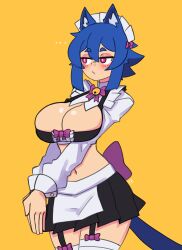 Rule 34 | ..., 1girl, absurdres, animal ear fluff, animal ears, bell, black skirt, blue hair, blush, bow, bowtie, breasts, cat ears, cat girl, cat tail, cleavage, closed mouth, cowboy shot, crop top, doce, female focus, freckles, hair between eyes, half-closed eyes, highres, jingle bell, large breasts, looking to the side, maid, maid headdress, midriff, miniskirt, navel, original, own hands together, pink eyes, purple bow, shirt, short hair, simple background, skirt, solo, tail, thighhighs, white shirt, white thighhighs, wrist cuffs, xiao (docecaedrus), yellow background