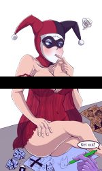 Rule 34 | 1girl, bare shoulders, blue eyes, blush, breasts, cleavage, covered navel, dc comics, harley quinn, hat, jester, jester cap, mask, navel, nightgown, sitting