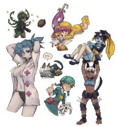 Rule 34 | 6+girls, android, annie (skullgirls), arms behind head, arms up, ass, belt, belt buckle, belt pouch, blue hair, blue skin, bob cut, book, braid, breasts, buckle, carrying, cat girl, cleavage, colored skin, crayon, dark-skinned female, dark skin, detached leggings, drawing, eyepatch, fish girl, fukua (skullgirls), fundoshi, green hair, highres, hungern (skullgirls), japanese clothes, large breasts, middle finger, minette (skullgirls), ms. fortune (skullgirls), multiple girls, name tag, navel, necktie, nilam sari, pleated skirt, ponytail, pouch, red eyes, robo-fortune, sagan (skullgirls), scar, school uniform, shell hair ornament, short hair, skirt, skullgirls, smile, speech bubble, thighhighs, tongue, tongue out, twin braids, umbrella, umbrella (skullgirls), underboob, valentine (skullgirls), white background, white hair, yellow eyes
