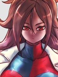 Rule 34 | 1girl, alternate eye color, android 21, brown hair, checkered clothes, checkered dress, closed mouth, coat, collarbone, commentary request, curly hair, dragon ball, dragon ball fighterz, dress, earrings, expressionless, grey background, hoop earrings, jewelry, kemachiku, lab coat, long hair, no eyewear, red eyes, solo, two-tone dress, very long hair, white coat