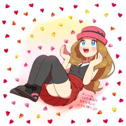 Rule 34 | 1girl, bad id, bad pixiv id, black thighhighs, blue eyes, bow, brown hair, creatures (company), floating, game freak, hat, hat bow, heart, long hair, looking up, moyori, nintendo, pleated skirt, pokemon, pokemon (anime), pokemon xy (anime), serena (pokemon), skirt, smile, solo, thighhighs
