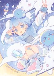 Rule 34 | &gt; &lt;, 1girl, :d, bandaid, bandaid on leg, blue eyes, blue hair, blunt bangs, blush, cloud, double v, full body, highres, indie utaite, jacket, jellyfish, long sleeves, looking at viewer, open mouth, original, outstretched arm, rocket, shoes, short hair, smile, solo, sparkle, star (symbol), v, wotoha (character), zuho (vega)