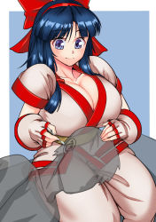 Rule 34 | 1boy, 1girl, ainu clothes, alternate breast size, blue eyes, blue hair, breasts, cleavage, cotton swab, ear cleaning, fingerless gloves, gloves, hair ribbon, hand on another&#039;s head, highres, huge breasts, kneeling, lap pillow, legs, long hair, nakoruru, pants, ribbon, samurai spirits, smile, snk, solo, thighs