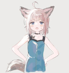 Rule 34 | 1girl, ahoge, animal ear fluff, animal ears, arknights, bare arms, bare shoulders, black choker, blue dress, blue eyes, blush stickers, brown hair, choker, collarbone, cropped torso, dress, eyebrows hidden by hair, fox ears, fox girl, fox tail, grey background, hands on own hips, highres, looking at viewer, material growth, nprmtp, open mouth, oripathy lesion (arknights), simple background, sleeveless, sleeveless dress, solo, sussurro (arknights), sweat, tail, teeth, upper body, upper teeth only