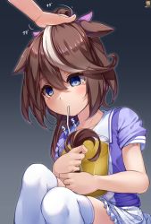 Rule 34 | 1girl, absurdres, animal ears, black background, blouse, blue eyes, bow, brown hair, commentary request, depressed, drink, drinking, drinking straw, ears down, empty eyes, feet out of frame, gradient background, hair between eyes, headpat, hibiki (zerocodo), highres, holding, holding drink, holding own hair, horse ears, horse girl, long hair, looking down, multicolored hair, out of frame, pink bow, pleated skirt, ponytail, purple shirt, sailor collar, shirt, short sleeves, sidelocks, skirt, streaked hair, tearing up, tears, thighhighs, tokai teio (umamusume), two-tone hair, umamusume, uniform, white sailor collar, white skirt, white thighhighs