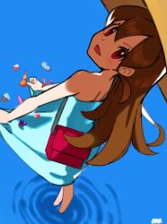 Rule 34 | 1girl, artist name, bag, bare arms, brown eyes, brown hair, commentary request, creatures (company), dress, eyelashes, game freak, green dress, hat, highres, long hair, looking at viewer, nintendo, open mouth, ora (oraora oekaki), pokemon, pokemon sm, red bag, ripples, shoulder bag, sightseer (pokemon), solo, standing, sun hat, wading, water