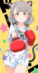 Rule 34 | 1girl, animal ears, black ribbon, blouse, blush, boxing gloves, braid, braided bangs, brown eyes, cat ears, clothes writing, commentary request, gomennasai, grey hair, hair over shoulder, hair ribbon, highres, hisakawa nagi, idolmaster, idolmaster cinderella girls, kemonomimi mode, long hair, looking at viewer, low twintails, outstretched arm, parted lips, ribbon, romaji text, shirt, short sleeves, solo, star (symbol), twintails, very long hair, white shirt, yellow background