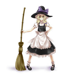 Rule 34 | 1girl, broom, female focus, grin, hand on own hip, hat, hip focus, k2isu, kirisame marisa, long hair, looking at viewer, mary janes, shoes, simple background, smile, solo, touhou, white background, witch hat