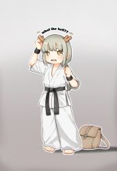 Rule 34 | 1girl, antlers, barefoot, belt, black belt, black wristband, bright pupils, brown bag, brown eyes, chinese commentary, commentary request, dougi, english text, full body, grey background, grey hair, highres, horns, kuma-bound, martial arts belt, medium hair, open mouth, original, pants, simple background, solo, standing, sweat, toes, white pants, white pupils