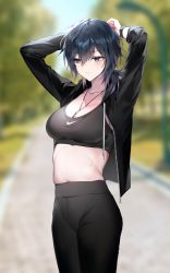 Rule 34 | 1girl, absurdres, arms up, bara (03 bara ), black hair, black jacket, blue eyes, blurry, breasts, cleavage, collarbone, commentary request, highres, jacket, jewelry, large breasts, medium hair, midriff, navel, necklace, nike (company), open mouth, original, solo, sports bra, standing, sweat, yokoyama ishimi