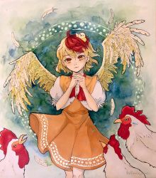 Rule 34 | absurdres, animal, animal on head, bird, bird on head, bird tail, bird wings, blonde hair, chick, chicken, commentary request, dress, feathered wings, feathers, head tilt, highres, hoshiringo0902, multicolored hair, niwatari kutaka, on head, orange dress, orange eyes, own hands together, red hair, shirt, tail, touhou, two-tone hair, white shirt, wings, yellow wings