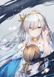 Rule 34 | 1girl, anastasia (fate), blue eyes, blush, breasts, cape, collarbone, commentary, crown, doll, dress, fate (series), fur trim, gogatsu fukuin, hair between eyes, hair ornament, hair over one eye, hairband, highres, holding, jewelry, long hair, looking at viewer, mini crown, hugging object, parted lips, royal robe, silver hair, solo, symbol-only commentary, teeth, translation request, very long hair, white dress