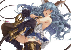 Rule 34 | 1girl, animal ears, backless outfit, belt, black gloves, blue hair, blue skirt, breasts, earrings, erune, ferry (granblue fantasy), gloves, granblue fantasy, holding, holding whip, jewelry, long hair, loose belt, open mouth, rabbit ears, single earring, skirt, small breasts, solo, wavy hair, whip, yellow eyes, yude