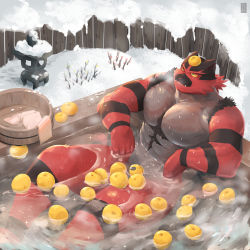 Rule 34 | 1boy, afloat, bathing, body fur, closed mouth, colored sclera, commentary, creatures (company), day, english commentary, fangs, fangs out, food, food on head, fruit, fruit on head, furry, furry male, game freak, gen 7 pokemon, green eyes, incineroar, looking up, m7 (m7ishere), male focus, nintendo, object on head, outdoors, partially submerged, pectorals, pokemon, pokemon (creature), reclining, snow, solo, sparkle, steam, towel, water, wet, yellow sclera