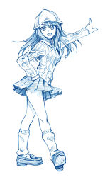 Rule 34 | 10s, 1girl, bbb (friskuser), blue theme, commentary request, girls und panzer, hair between eyes, hand on own hip, hat, index finger raised, long hair, looking at viewer, mika (girls und panzer), miniskirt, monochrome, outstretched arm, ribbed sweater, school uniform, shoes, simple background, sketch, skirt, smile, socks, solo, sweater, white background, wind, wind lift