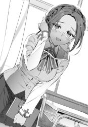 Rule 34 | 1girl, adjusting hair, blush, book, bow, bowtie, braid, breasts, curtains, desk, dutch angle, fate/grand order, fate (series), greyscale, hanabana tsubomi, holding, holding book, homurahara academy school uniform, indoors, long sleeves, looking at viewer, medium breasts, monochrome, mouth veil, open mouth, parted bangs, school desk, school uniform, short hair, siduri (fate), skirt, smile, solo, veil, window