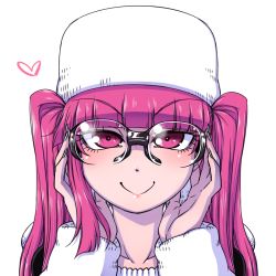 Rule 34 | 1girl, bleach, closed mouth, commentary request, dokugamine riruka, glasses, hanya (hanya yashiki), hat, long hair, looking at viewer, nail polish, purple eyes, purple hair, simple background, smile, solo, twintails, white background