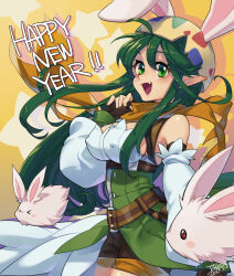 Rule 34 | &gt; &lt;, 1girl, animal ears, black gloves, black shorts, blush, breasts, chinese zodiac, commentary request, cowboy shot, dated, detached sleeves, eric flay, fang, fingerless gloves, gloves, green eyes, green hair, hair between eyes, happy new year, highres, long hair, looking at viewer, lunatic (ragnarok online), medium breasts, new year, official alternate costume, open mouth, pointy ears, rabbit ears, ragnarok online, ranger (ragnarok online), scarf, short shorts, shorts, signature, smile, star (symbol), white sleeves, year of the rabbit, yellow scarf