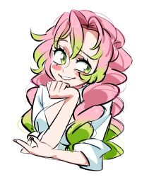 1girl blonde_hair blush_stickers eyelashes facing_viewer green_eyes green_hair hair_between_eyes highres kanroji_mitsuri kimetsu_no_yaiba long_hair looking_to_the_side multicolored_hair pink_hair shirt sleeves_past_elbows smile solo soyeonp19 upper_body white_background white_shirt